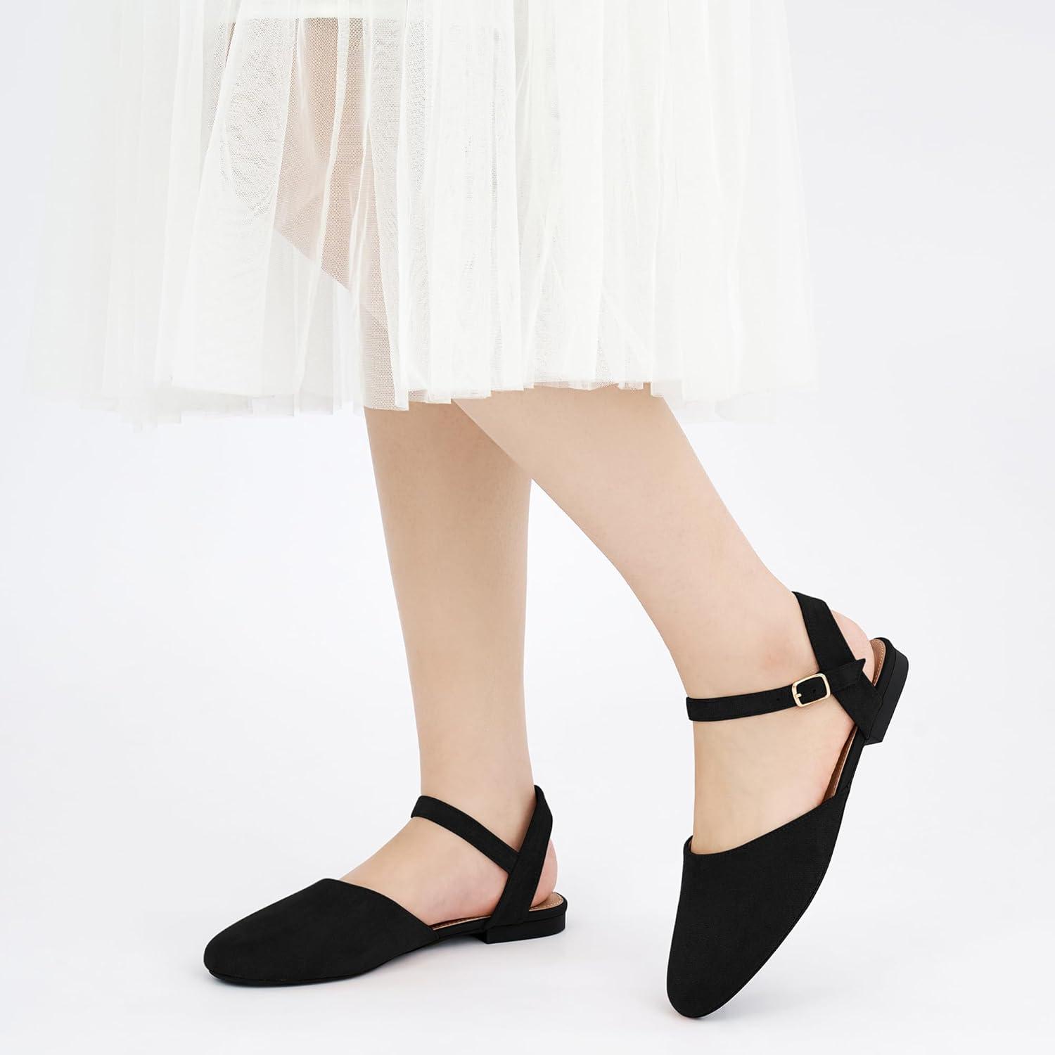 imageEcetana Womens Flats Sandals Dressy Summer Comfortable Casual Fashion Round Toe Slingback Shoes with Buckle Ankle StrapBlack