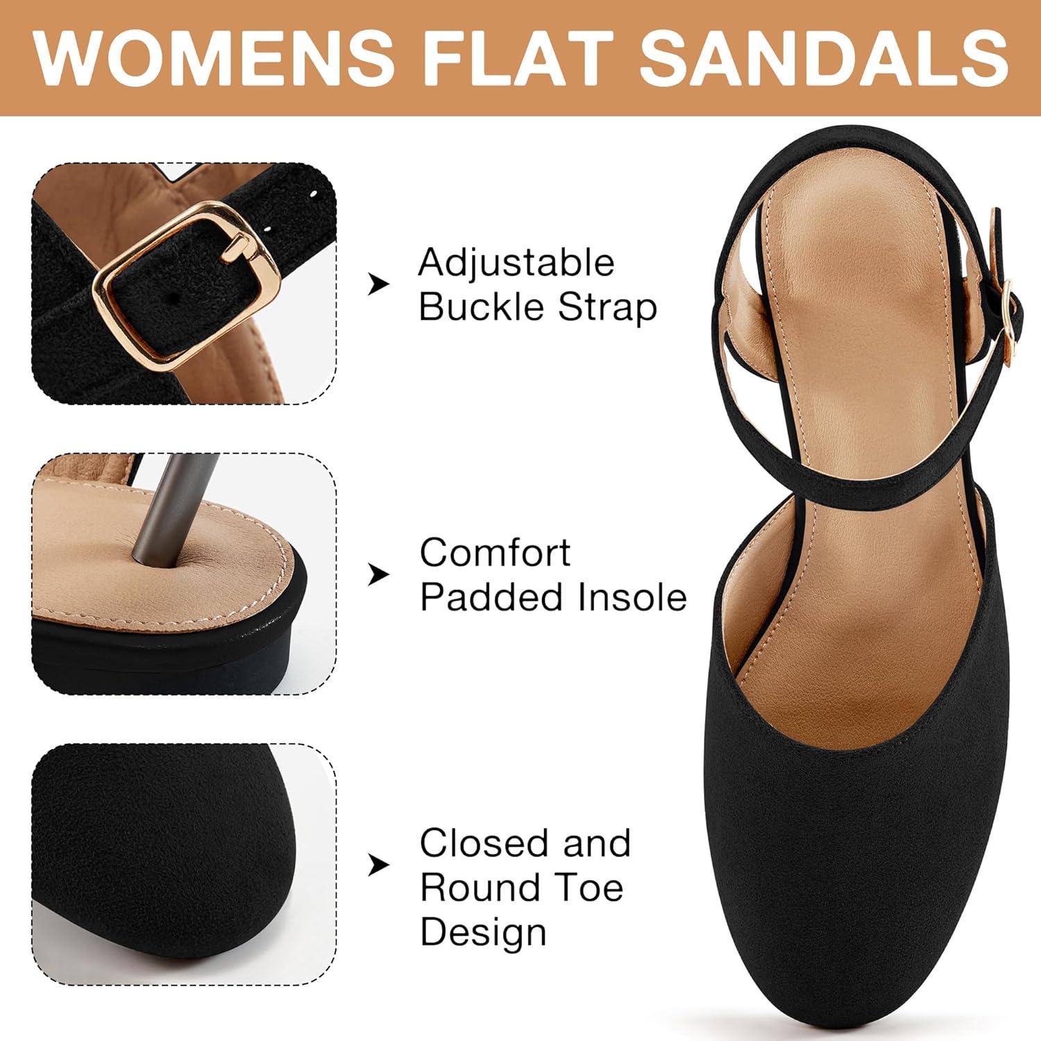 imageEcetana Womens Flats Sandals Dressy Summer Comfortable Casual Fashion Round Toe Slingback Shoes with Buckle Ankle StrapBlack