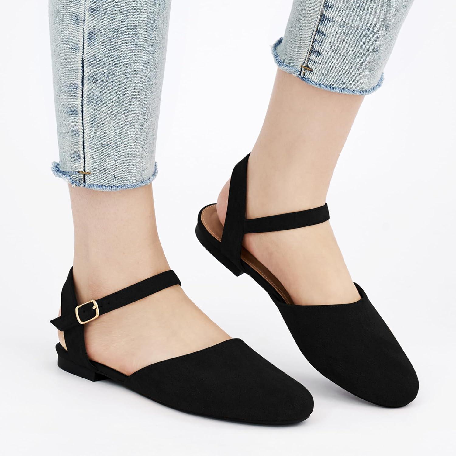 imageEcetana Womens Flats Sandals Dressy Summer Comfortable Casual Fashion Round Toe Slingback Shoes with Buckle Ankle StrapBlack