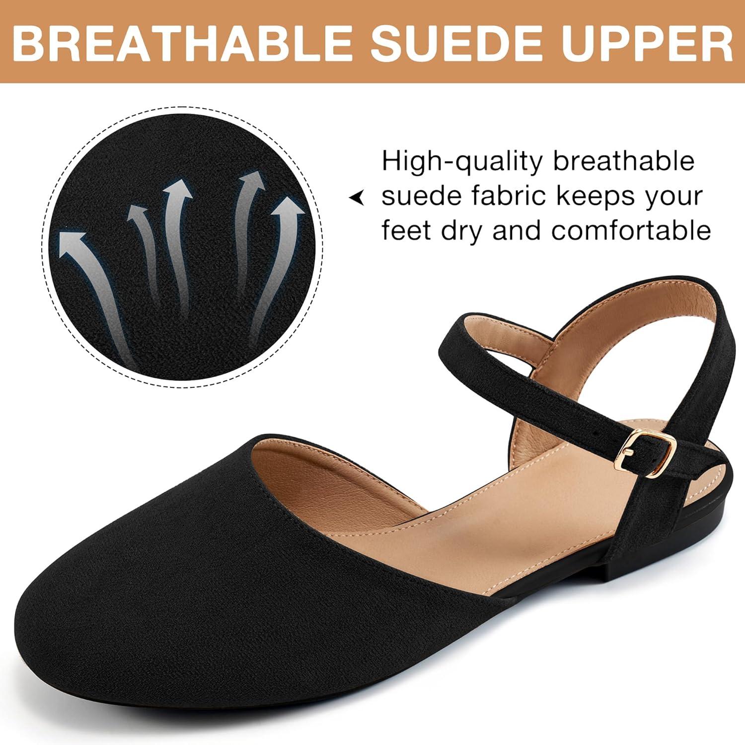 imageEcetana Womens Flats Sandals Dressy Summer Comfortable Casual Fashion Round Toe Slingback Shoes with Buckle Ankle StrapBlack