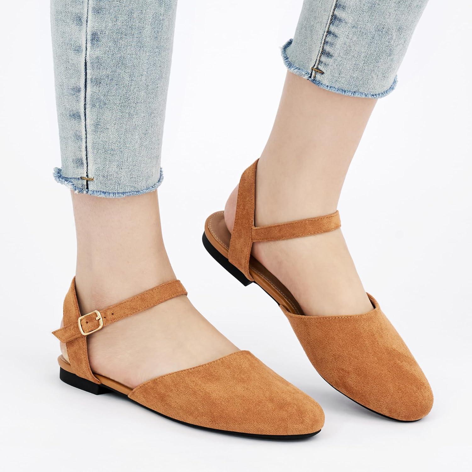 imageEcetana Womens Flats Sandals Dressy Summer Comfortable Casual Fashion Round Toe Slingback Shoes with Buckle Ankle StrapBrown