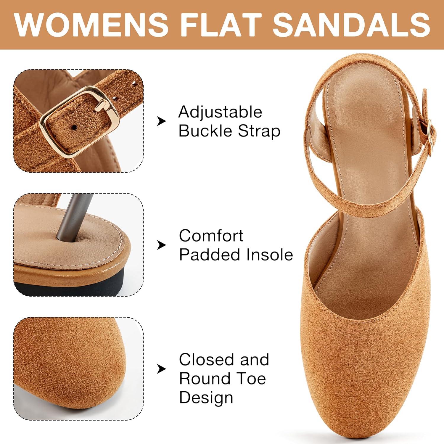 imageEcetana Womens Flats Sandals Dressy Summer Comfortable Casual Fashion Round Toe Slingback Shoes with Buckle Ankle StrapBrown