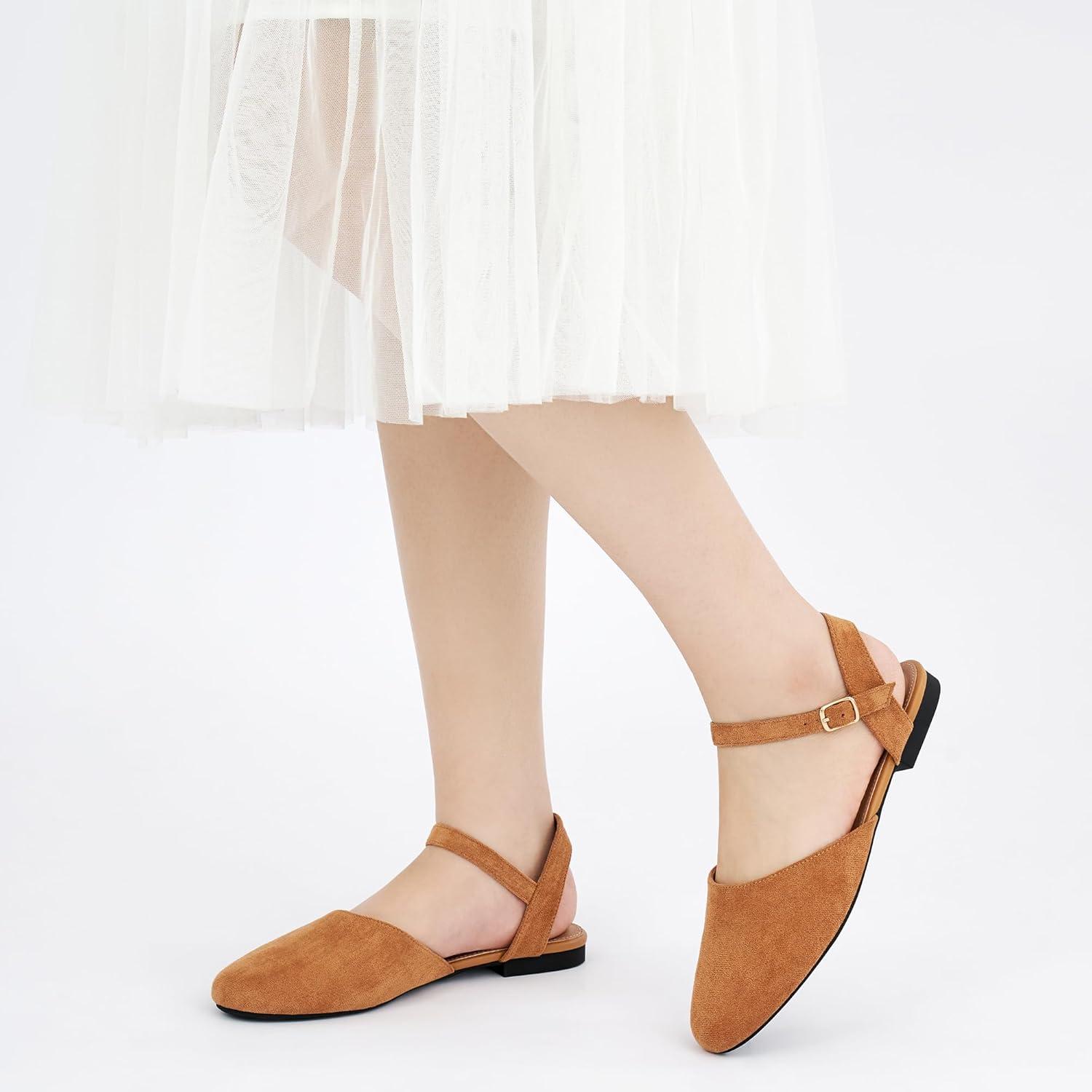 imageEcetana Womens Flats Sandals Dressy Summer Comfortable Casual Fashion Round Toe Slingback Shoes with Buckle Ankle StrapBrown