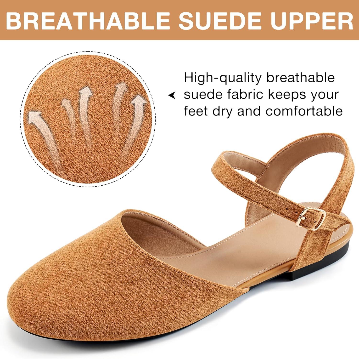 imageEcetana Womens Flats Sandals Dressy Summer Comfortable Casual Fashion Round Toe Slingback Shoes with Buckle Ankle StrapBrown