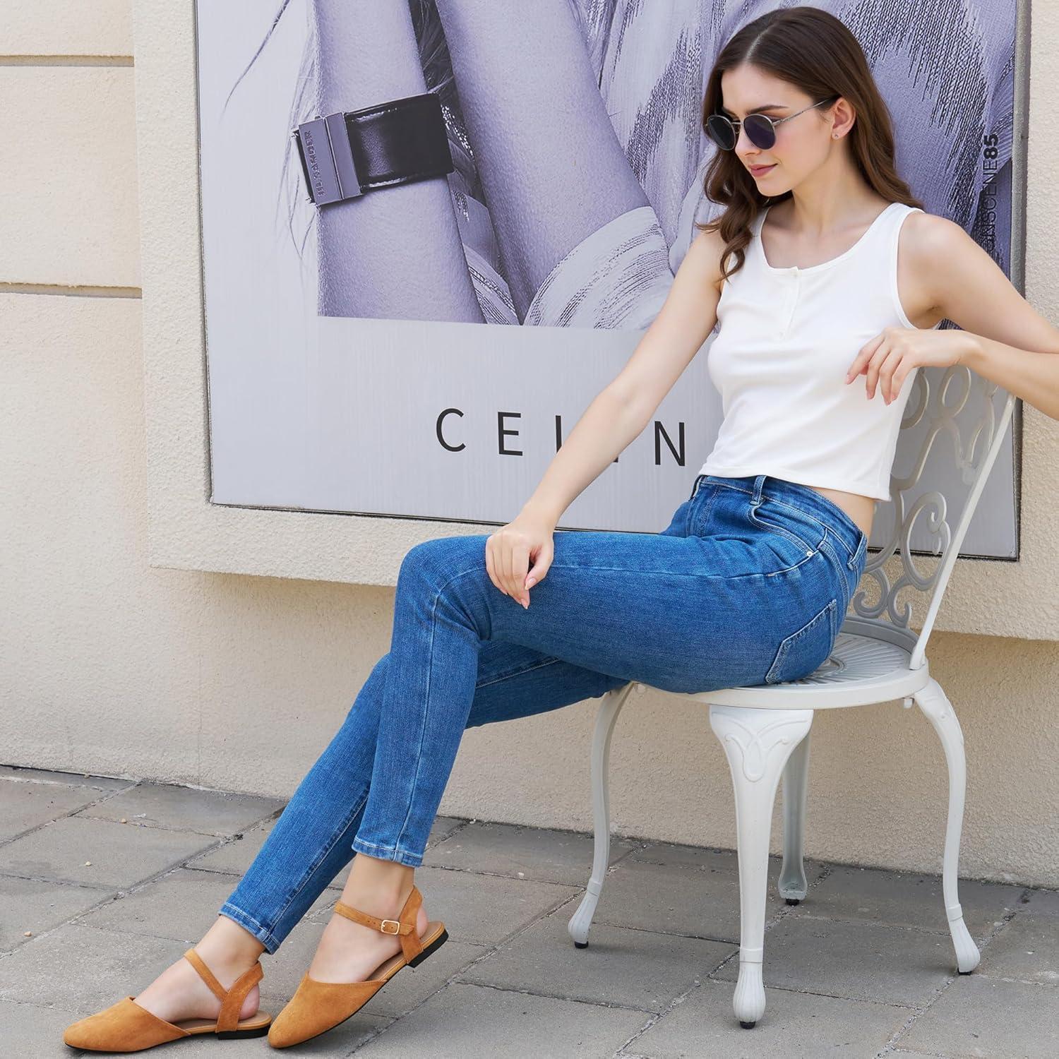 imageEcetana Womens Flats Sandals Dressy Summer Comfortable Casual Fashion Round Toe Slingback Shoes with Buckle Ankle StrapBrown
