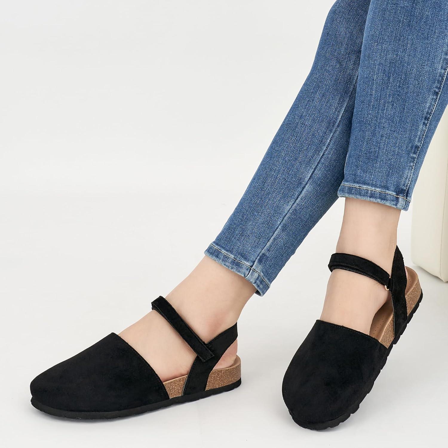 imageEcetana Womens Sandals Closed Toe Shoes Dressy Summer Cork Footbed Comfortable Arch Support Flats Sandals for WomenBlack
