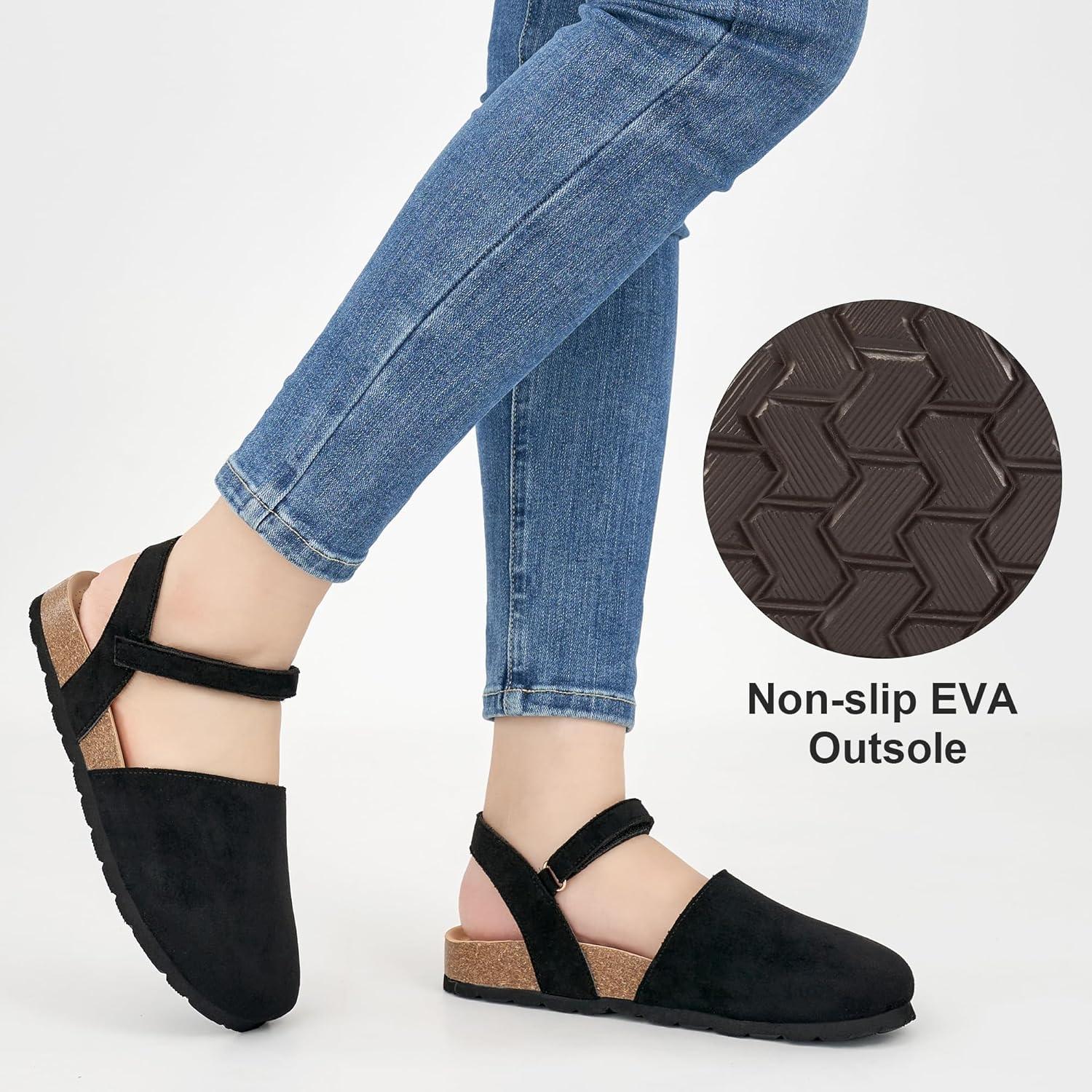 imageEcetana Womens Sandals Closed Toe Shoes Dressy Summer Cork Footbed Comfortable Arch Support Flats Sandals for WomenBlack