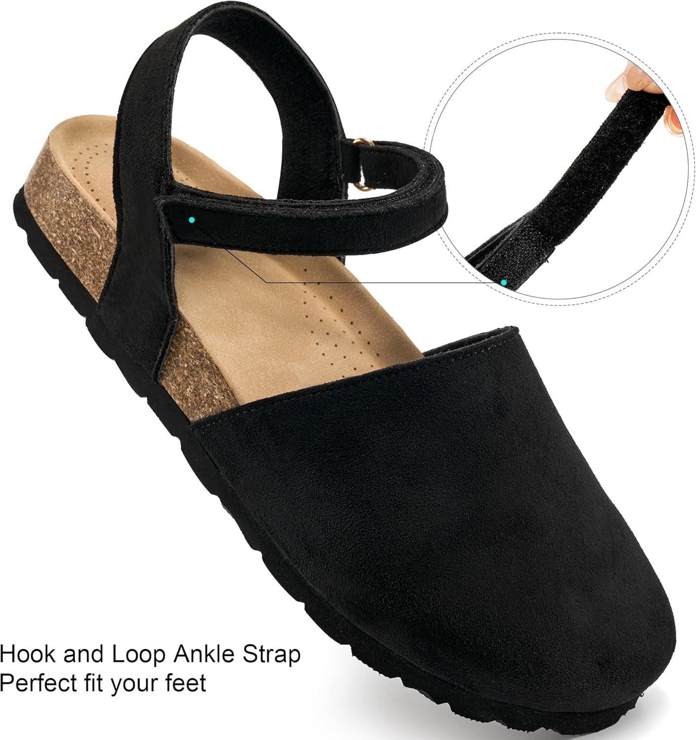 imageEcetana Womens Sandals Closed Toe Shoes Dressy Summer Cork Footbed Comfortable Arch Support Flats Sandals for WomenBlack