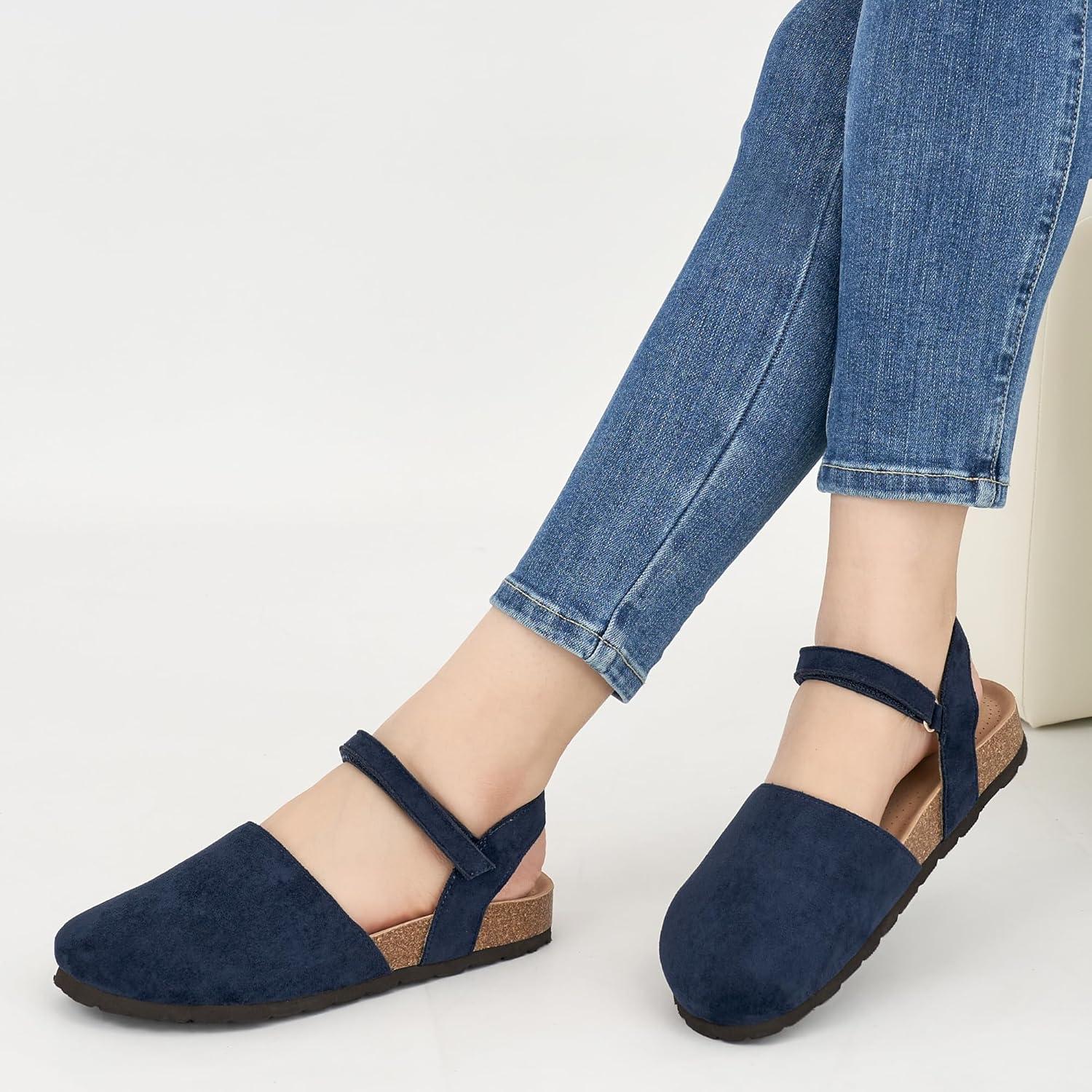 imageEcetana Womens Sandals Closed Toe Shoes Dressy Summer Cork Footbed Comfortable Arch Support Flats Sandals for WomenBlue