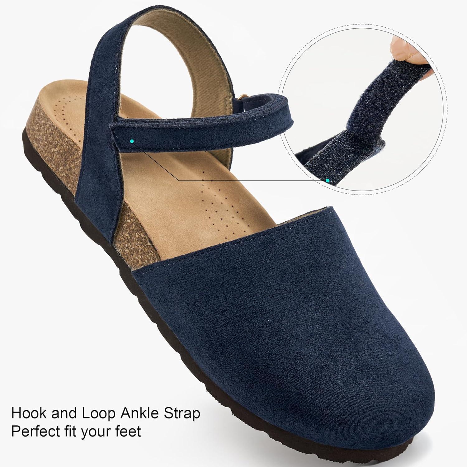 imageEcetana Womens Sandals Closed Toe Shoes Dressy Summer Cork Footbed Comfortable Arch Support Flats Sandals for WomenBlue
