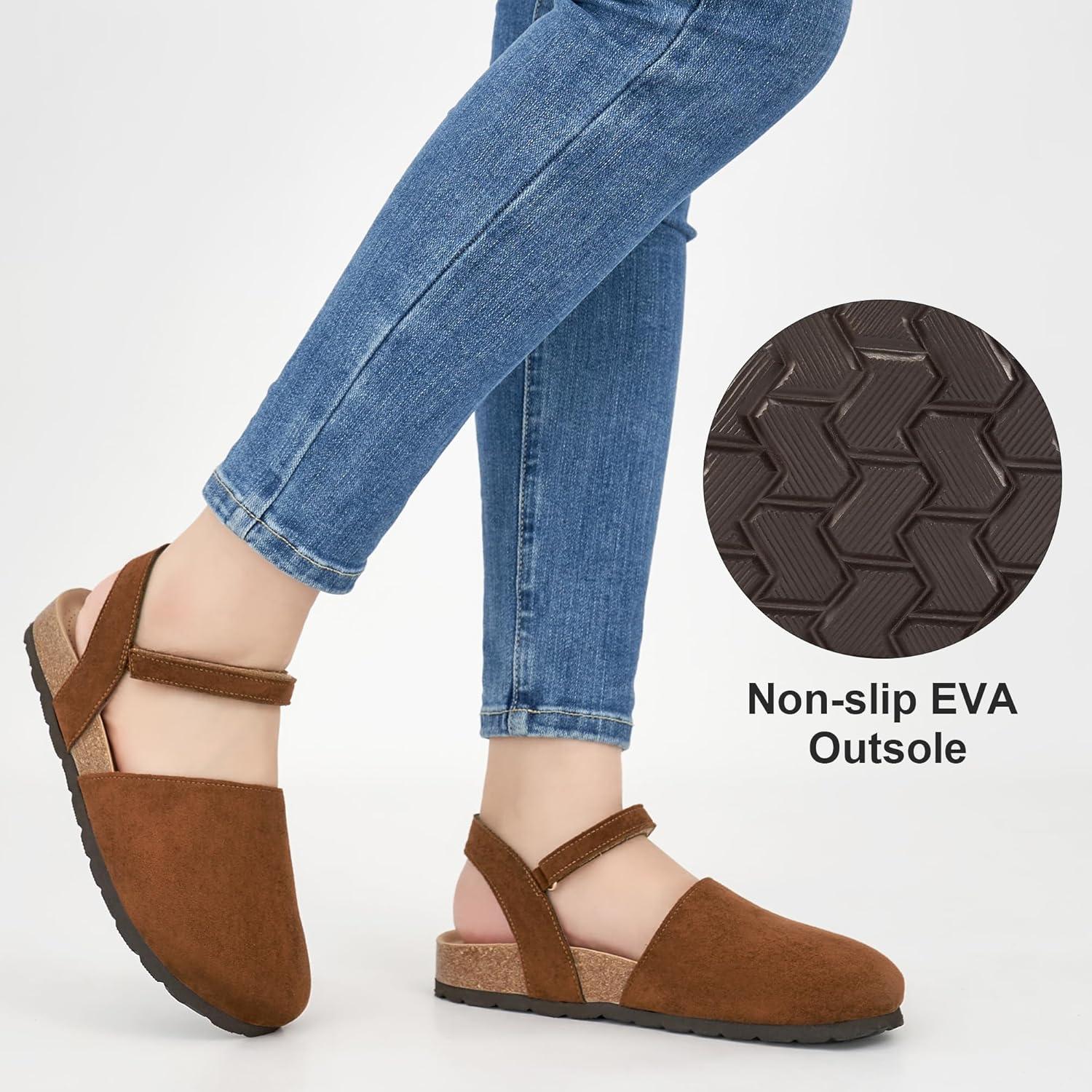 imageEcetana Womens Sandals Closed Toe Shoes Dressy Summer Cork Footbed Comfortable Arch Support Flats Sandals for WomenBrown