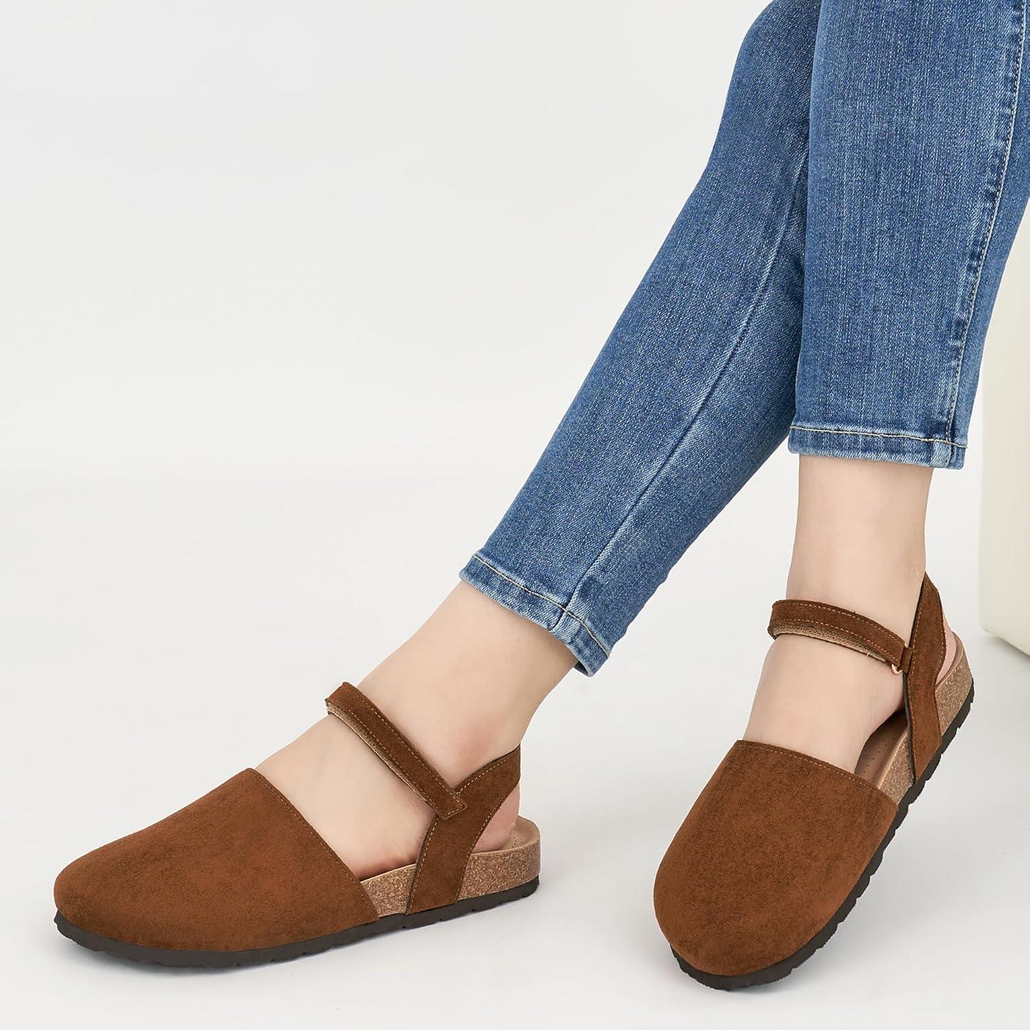 imageEcetana Womens Sandals Closed Toe Shoes Dressy Summer Cork Footbed Comfortable Arch Support Flats Sandals for WomenBrown