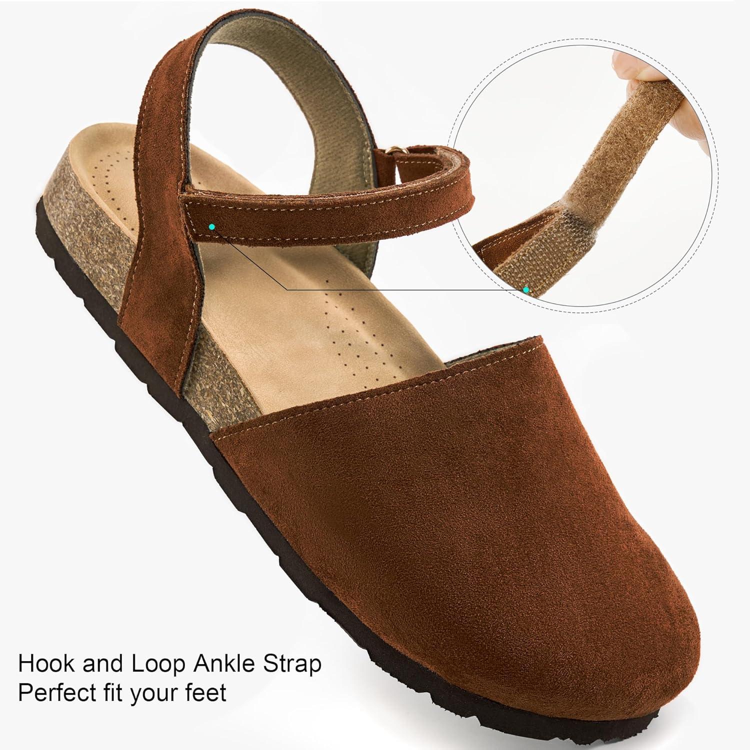 imageEcetana Womens Sandals Closed Toe Shoes Dressy Summer Cork Footbed Comfortable Arch Support Flats Sandals for WomenBrown