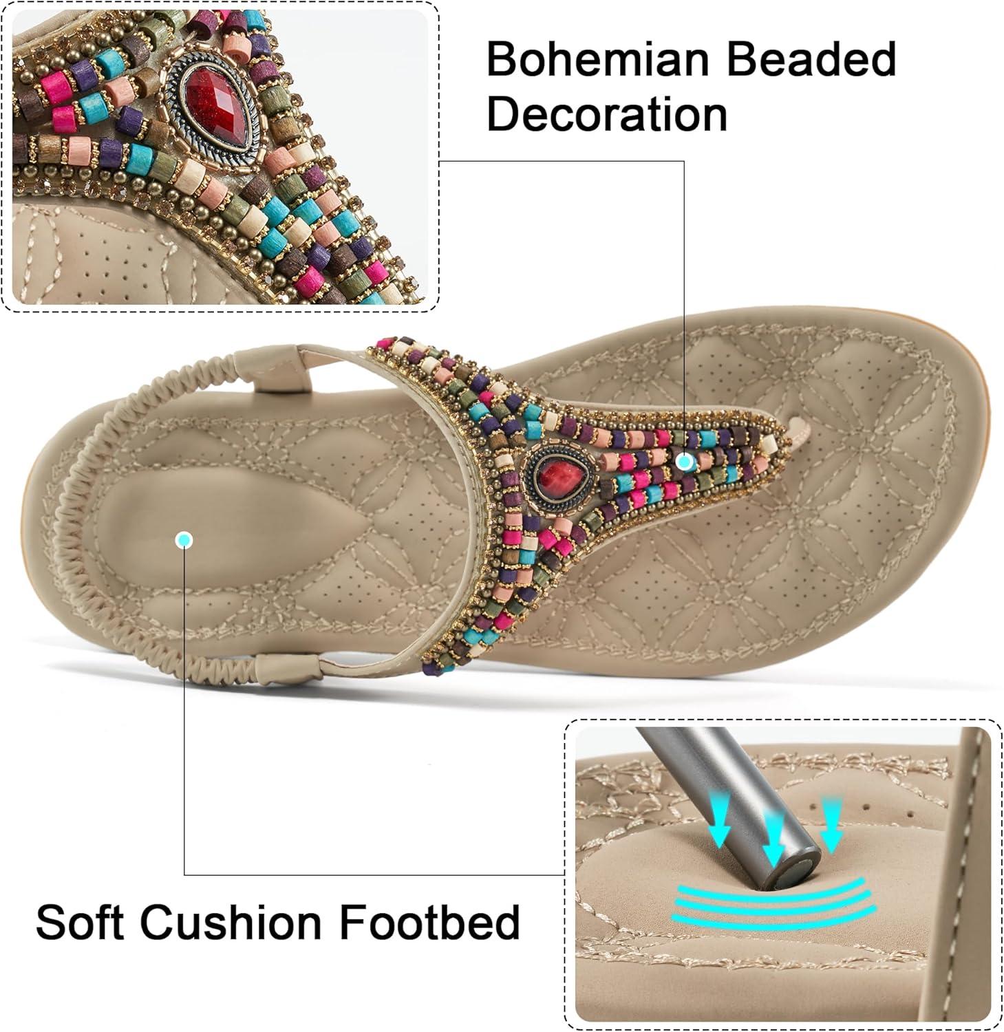 imageEcetana Womens Sandals Dressy Flat with Bohemian Beaded Comfortable Casual Summer Slip On Ankle Elastic Thong Shoes