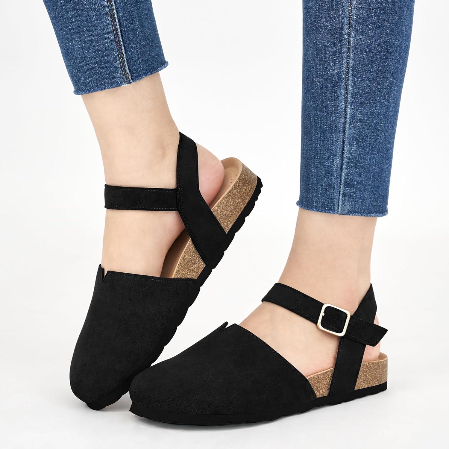 imageEcetana Womens Sandals Dressy Summer Closed Toe Flats Comfortable Cork Footbed Casual Walking ShoesBlack