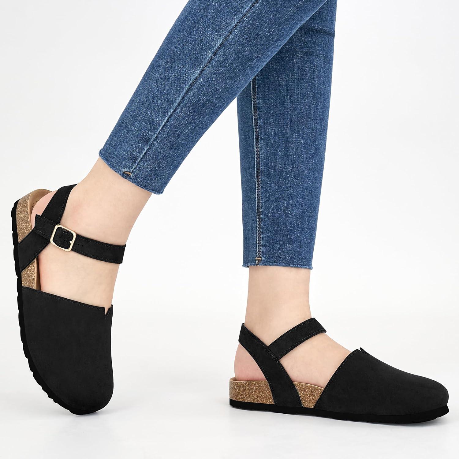 imageEcetana Womens Sandals Dressy Summer Closed Toe Flats Comfortable Cork Footbed Casual Walking ShoesBlack