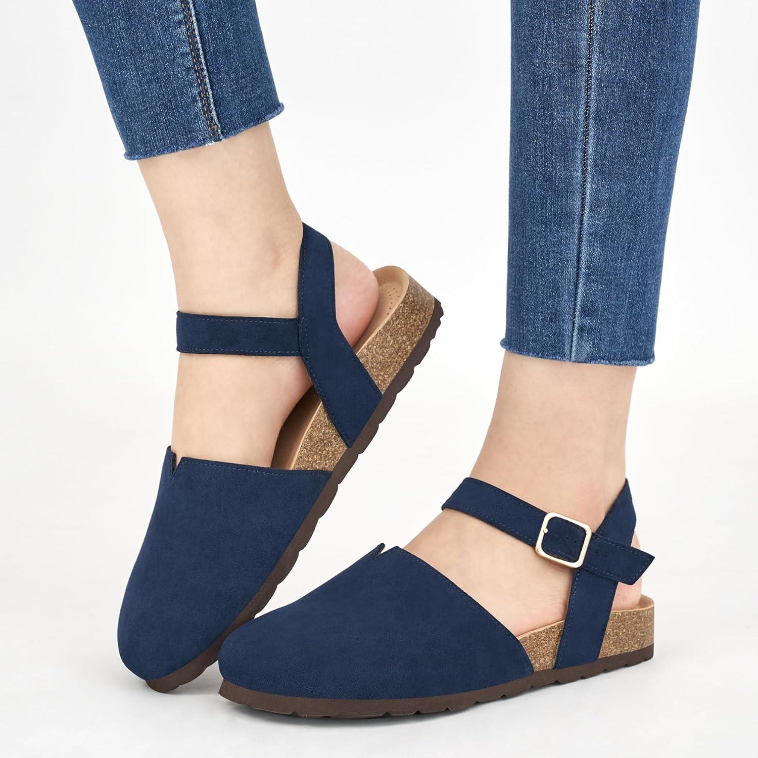 imageEcetana Womens Sandals Dressy Summer Closed Toe Flats Comfortable Cork Footbed Casual Walking ShoesBlue