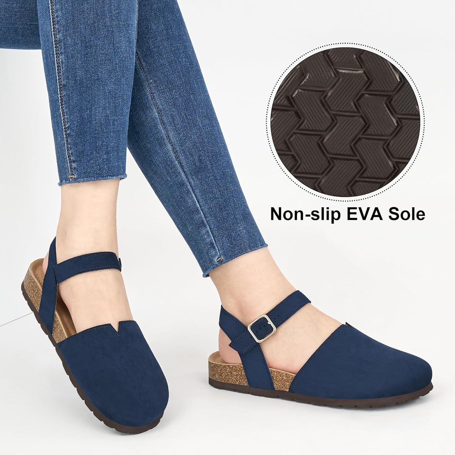 imageEcetana Womens Sandals Dressy Summer Closed Toe Flats Comfortable Cork Footbed Casual Walking ShoesBlue