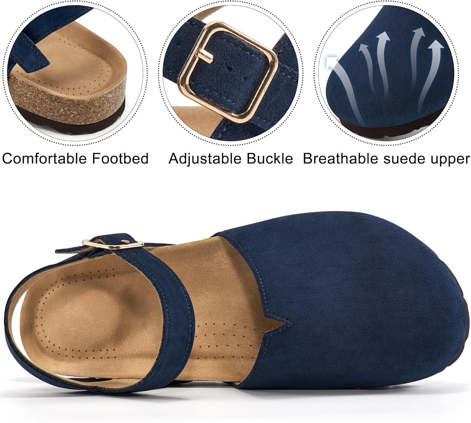 imageEcetana Womens Sandals Dressy Summer Closed Toe Flats Comfortable Cork Footbed Casual Walking ShoesBlue