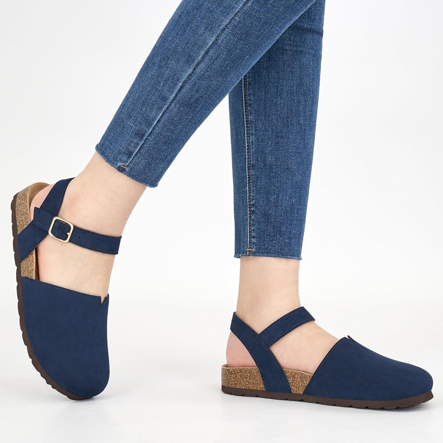 imageEcetana Womens Sandals Dressy Summer Closed Toe Flats Comfortable Cork Footbed Casual Walking ShoesBlue