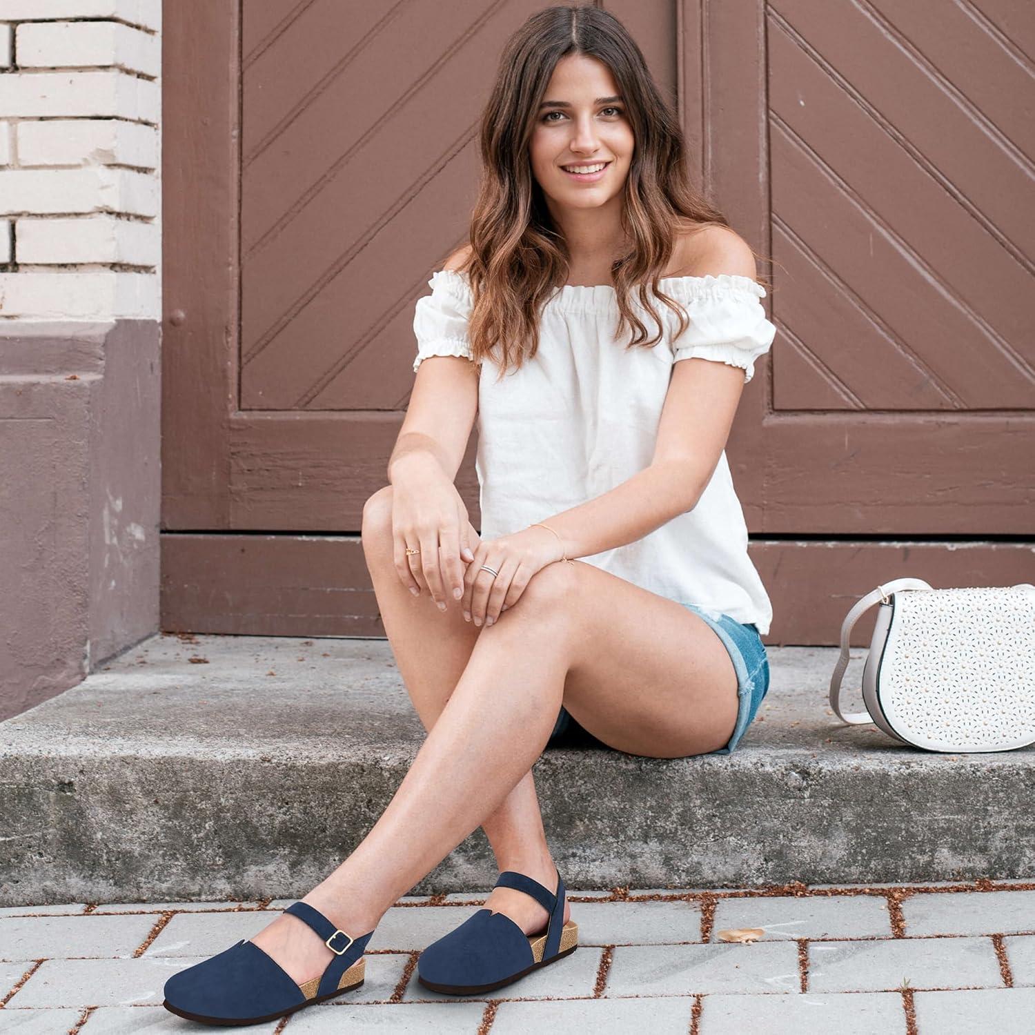 imageEcetana Womens Sandals Dressy Summer Closed Toe Flats Comfortable Cork Footbed Casual Walking ShoesBlue
