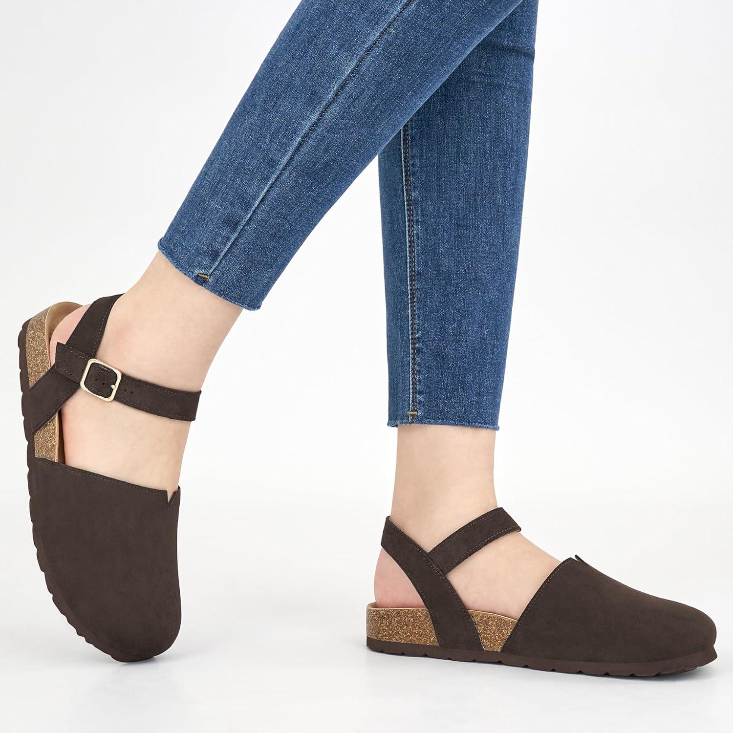 imageEcetana Womens Sandals Dressy Summer Closed Toe Flats Comfortable Cork Footbed Casual Walking ShoesCoffee
