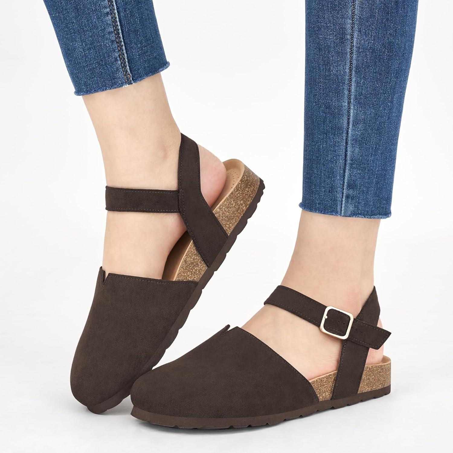 imageEcetana Womens Sandals Dressy Summer Closed Toe Flats Comfortable Cork Footbed Casual Walking ShoesCoffee