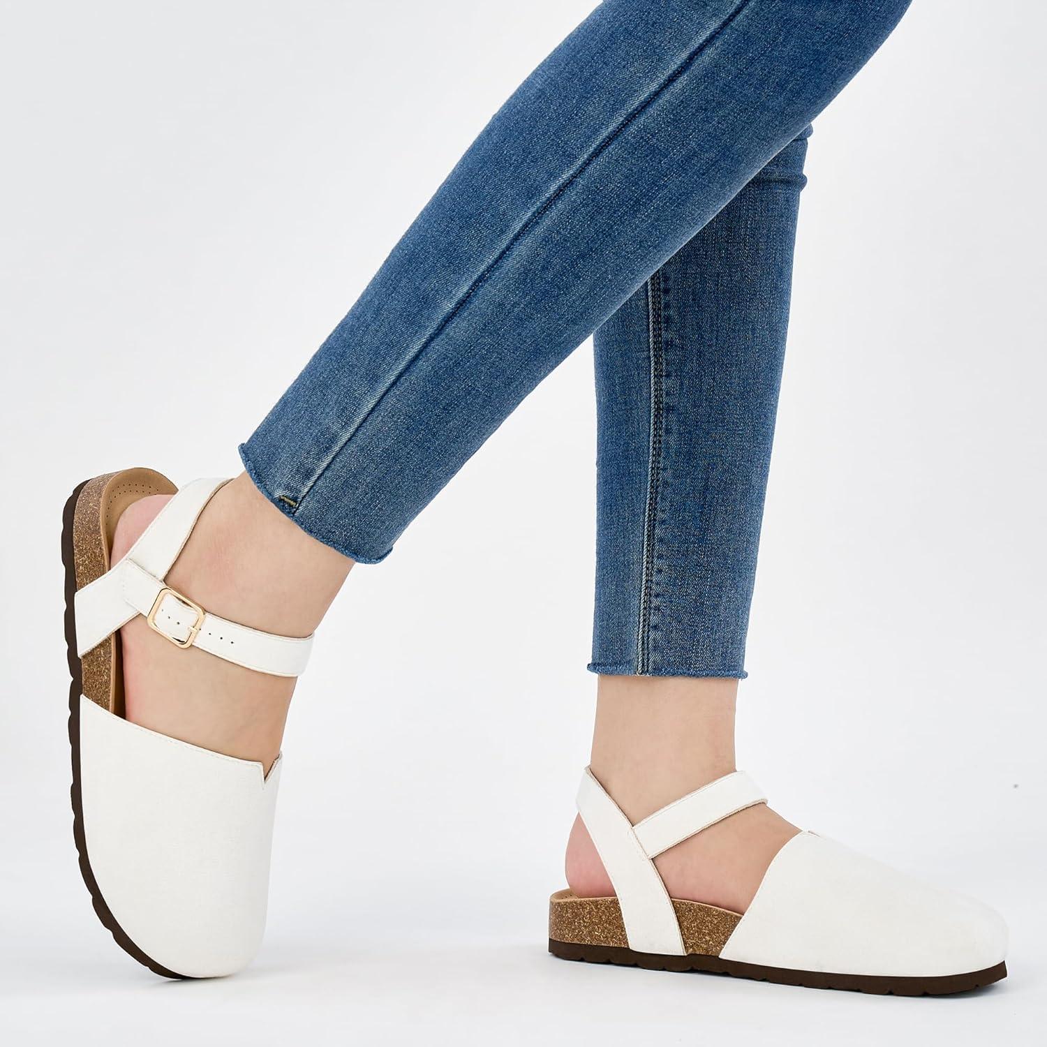 imageEcetana Womens Sandals Dressy Summer Closed Toe Flats Comfortable Cork Footbed Casual Walking ShoesWhite