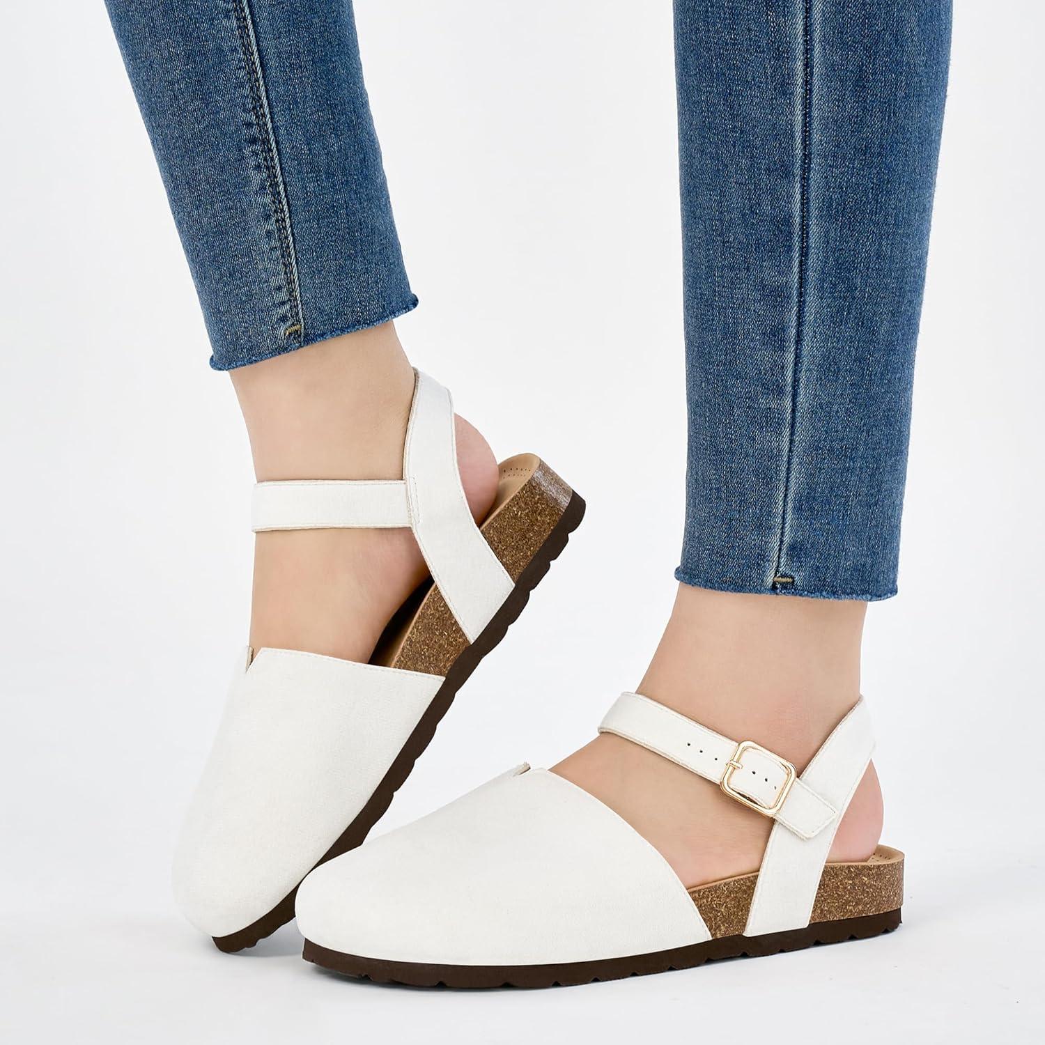 imageEcetana Womens Sandals Dressy Summer Closed Toe Flats Comfortable Cork Footbed Casual Walking ShoesWhite