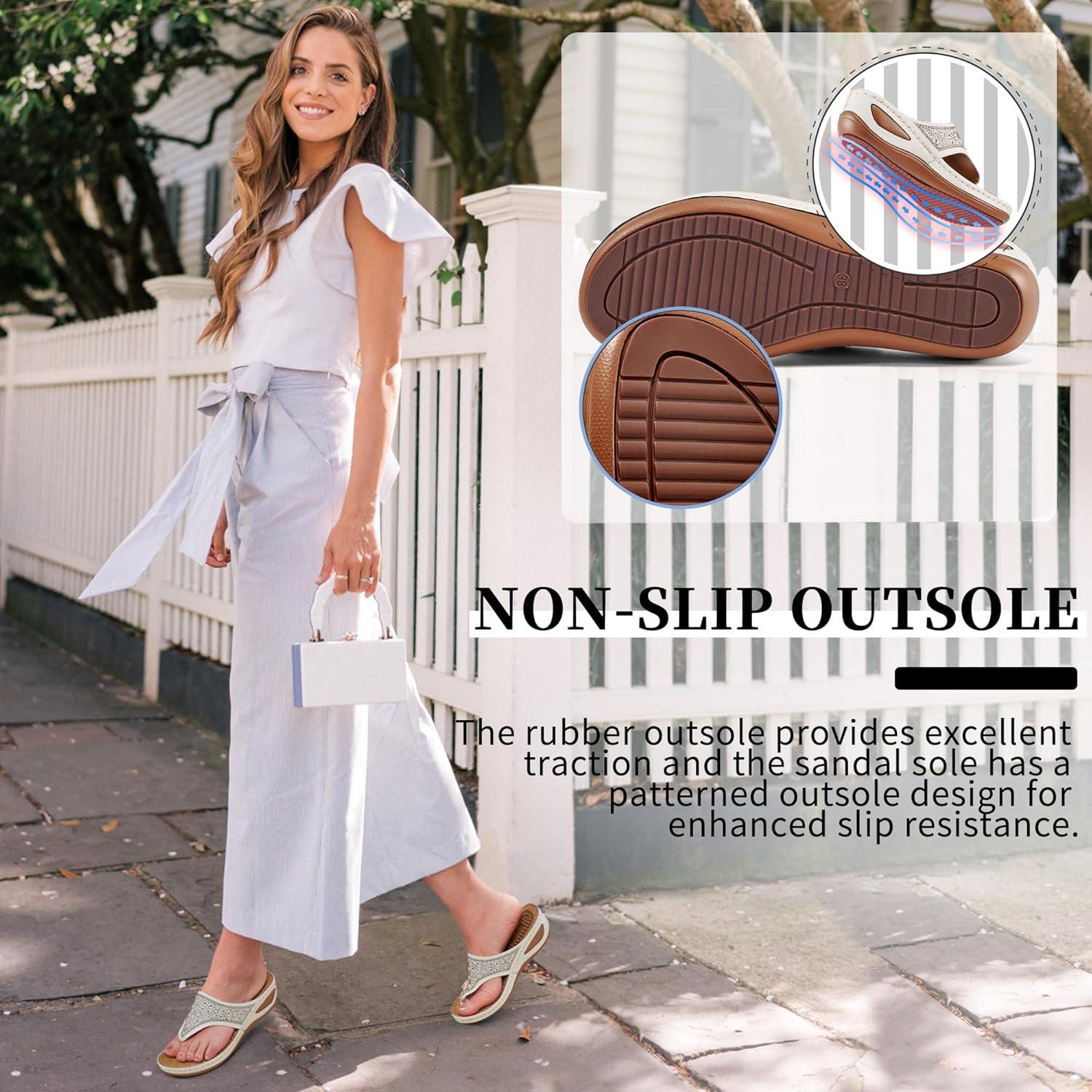 imageEcetana Womens Sandals Dressy Wedge Comfortable Summer Flip Flops Non Slip Rhinestone Platform Shoes Ladies Casual Beach Sandals for WomenBeige