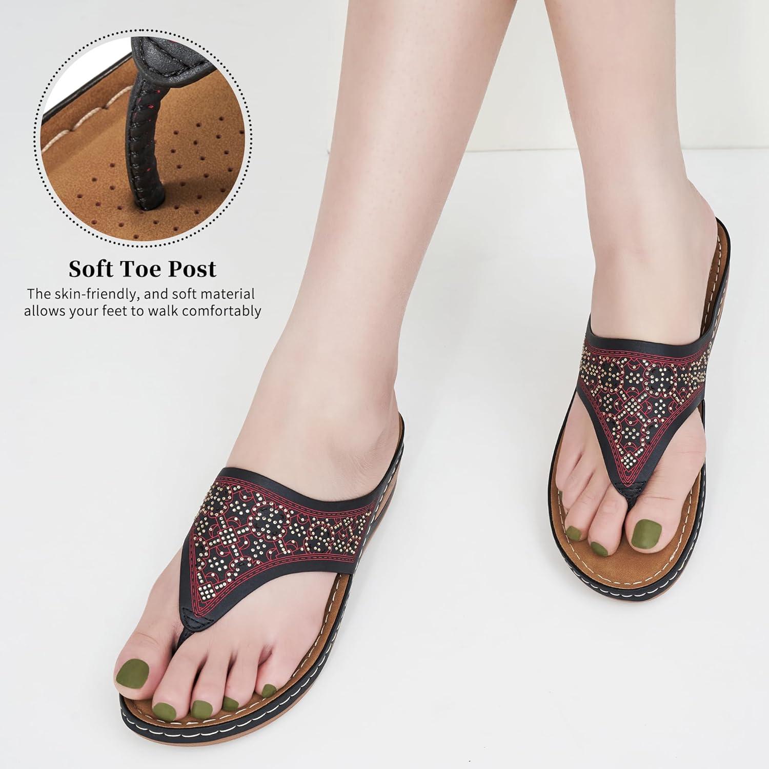 imageEcetana Womens Sandals Dressy Wedge Comfortable Summer Flip Flops Non Slip Rhinestone Platform Shoes Ladies Casual Beach Sandals for WomenBlack