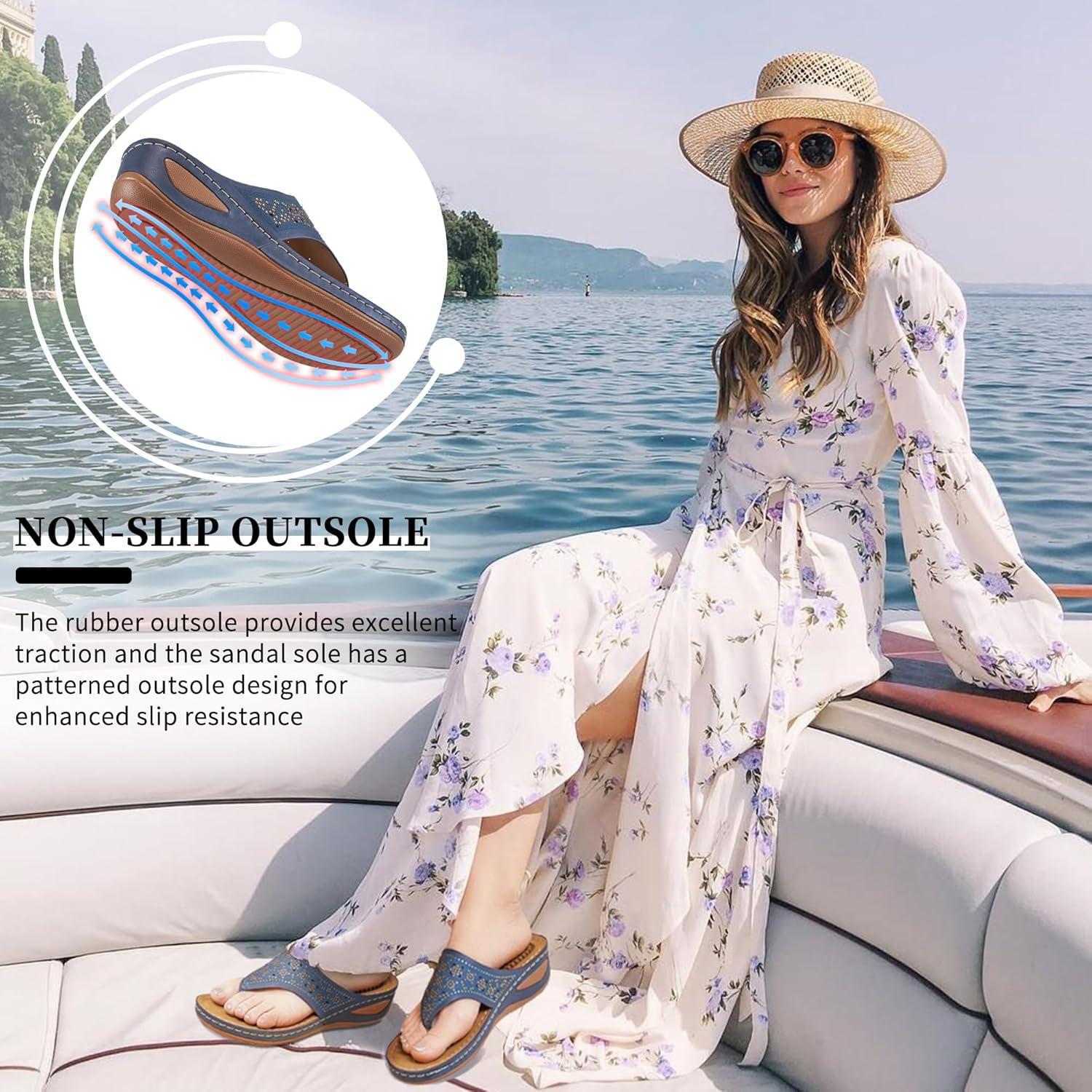 imageEcetana Womens Sandals Dressy Wedge Comfortable Summer Flip Flops Non Slip Rhinestone Platform Shoes Ladies Casual Beach Sandals for WomenBlue