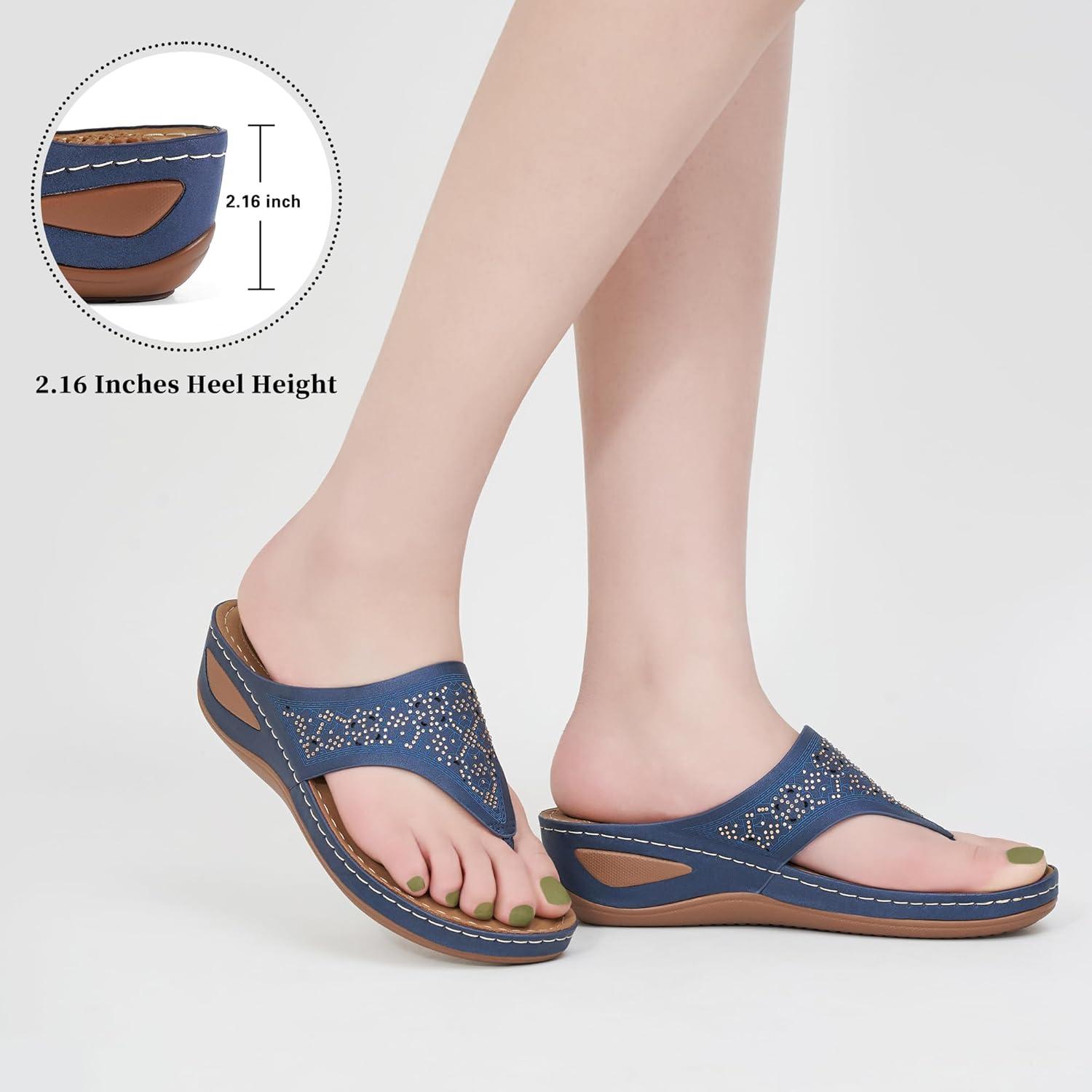 imageEcetana Womens Sandals Dressy Wedge Comfortable Summer Flip Flops Non Slip Rhinestone Platform Shoes Ladies Casual Beach Sandals for WomenBlue