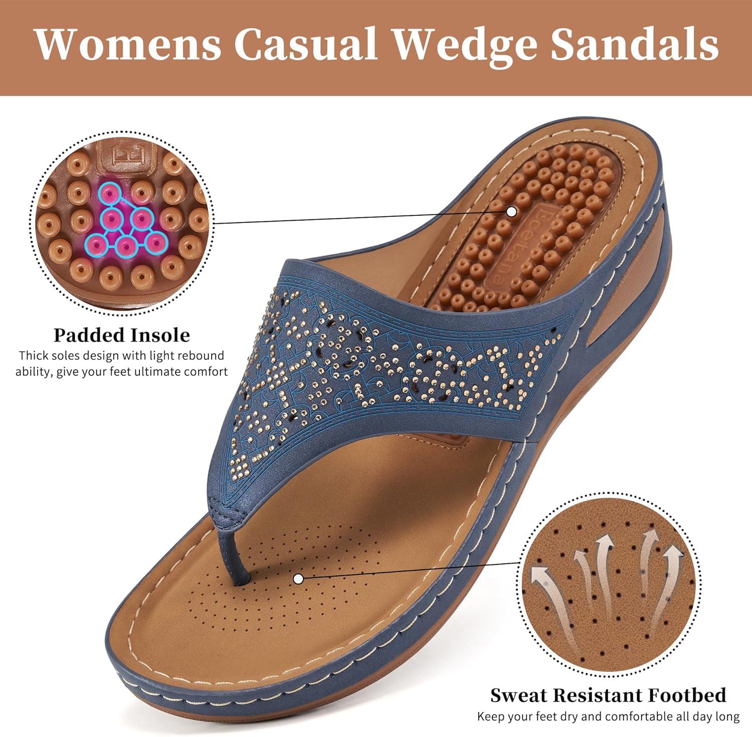 imageEcetana Womens Sandals Dressy Wedge Comfortable Summer Flip Flops Non Slip Rhinestone Platform Shoes Ladies Casual Beach Sandals for WomenBlue