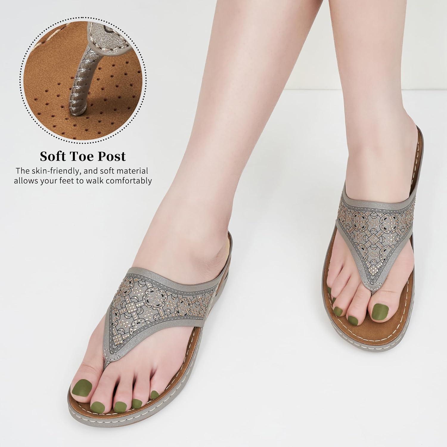 imageEcetana Womens Sandals Dressy Wedge Comfortable Summer Flip Flops Non Slip Rhinestone Platform Shoes Ladies Casual Beach Sandals for WomenGrey