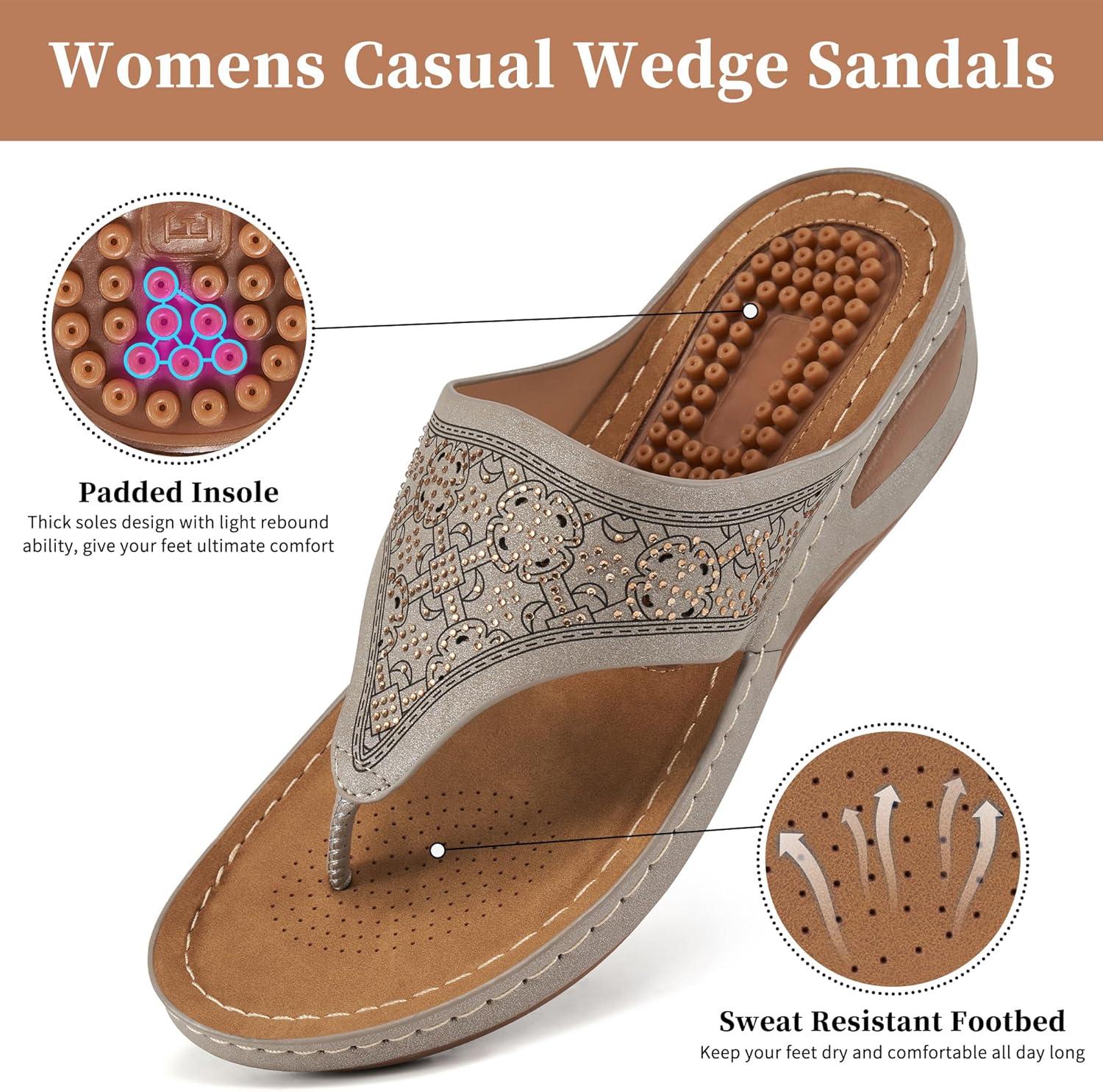 imageEcetana Womens Sandals Dressy Wedge Comfortable Summer Flip Flops Non Slip Rhinestone Platform Shoes Ladies Casual Beach Sandals for WomenGrey