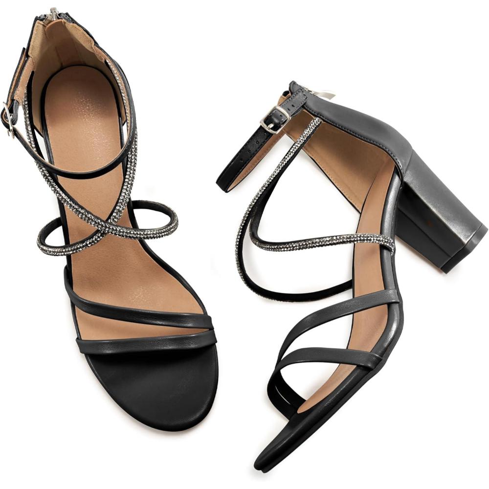 imageEcetana Heels for Women Open Toe Ankle Strap Buckle Rhinestone Sandals Block Chunky Sexy Shoes for Party WeddingBlack