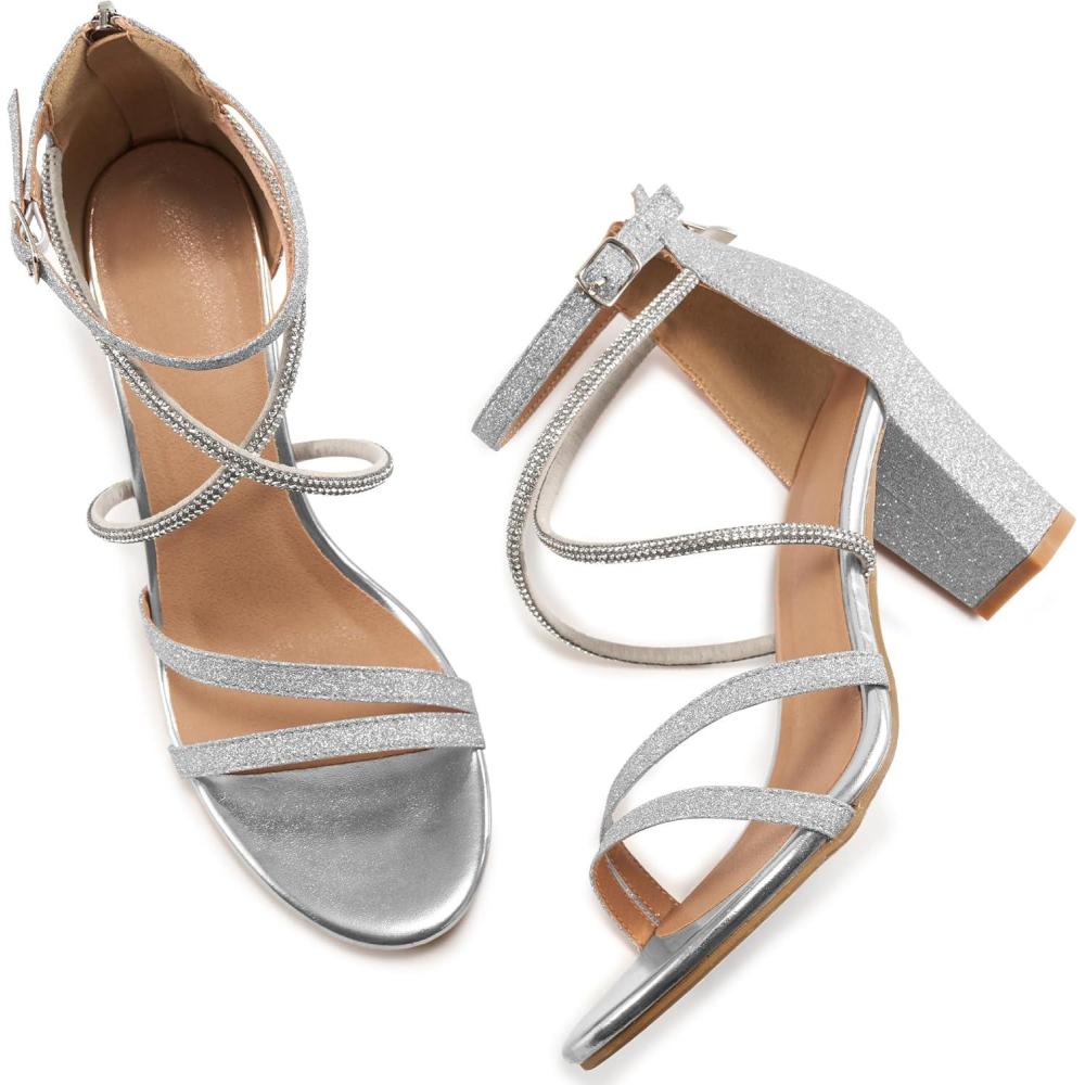 imageEcetana Heels for Women Open Toe Ankle Strap Buckle Rhinestone Sandals Block Chunky Sexy Shoes for Party WeddingSilver