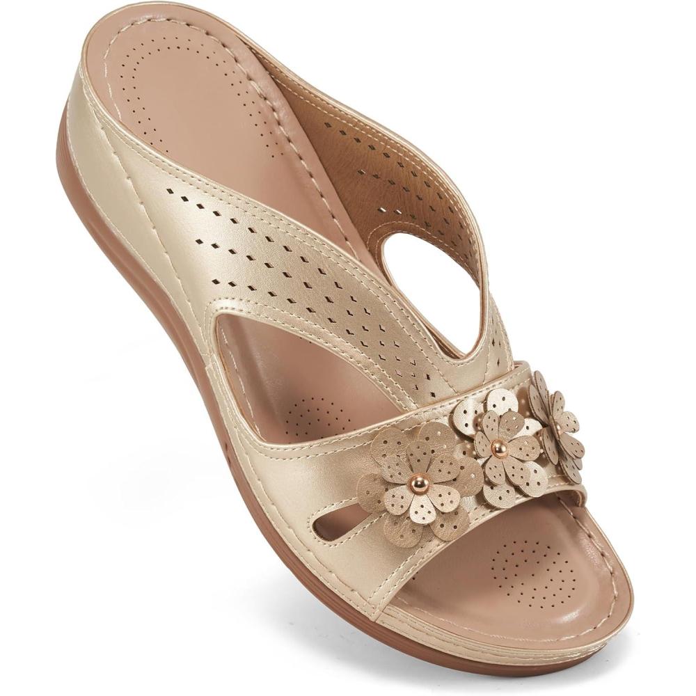 imageEcetana Sandals for Women Wedge Shoes Slip On Dressy Summer Comfortable Slides Sandals Lightweight Memory Foam Platform ShoesGold