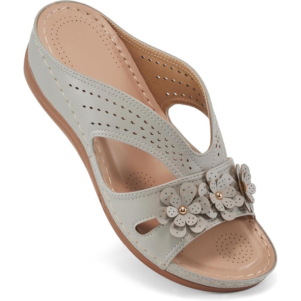 imageEcetana Sandals for Women Wedge Shoes Slip On Dressy Summer Comfortable Slides Sandals Lightweight Memory Foam Platform ShoesGrey