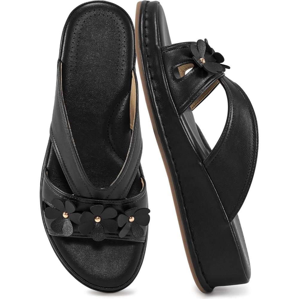 imageEcetana Sandals for Women Wedge Slides Dressy Summer Comfortable Memory Foam Slip on Casual Platform ShoesBlack