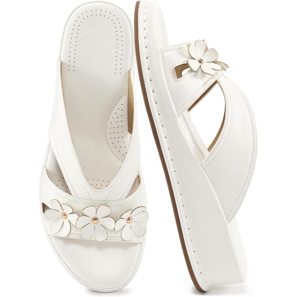 imageEcetana Sandals for Women Wedge Slides Dressy Summer Comfortable Memory Foam Slip on Casual Platform ShoesWhite