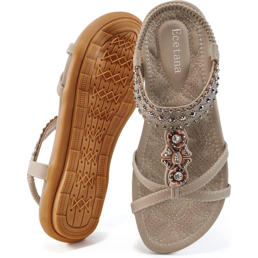 imageEcetana Womens Flats Sandals Dressy Summer Boho Comfortable Casual Ankle Strap Non Slip Rhinestone ShoesBeige