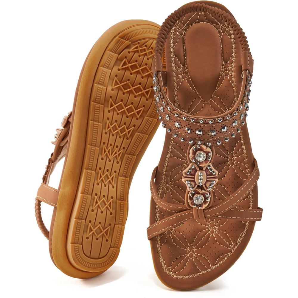 imageEcetana Womens Flats Sandals Dressy Summer Boho Comfortable Casual Ankle Strap Non Slip Rhinestone ShoesBrown