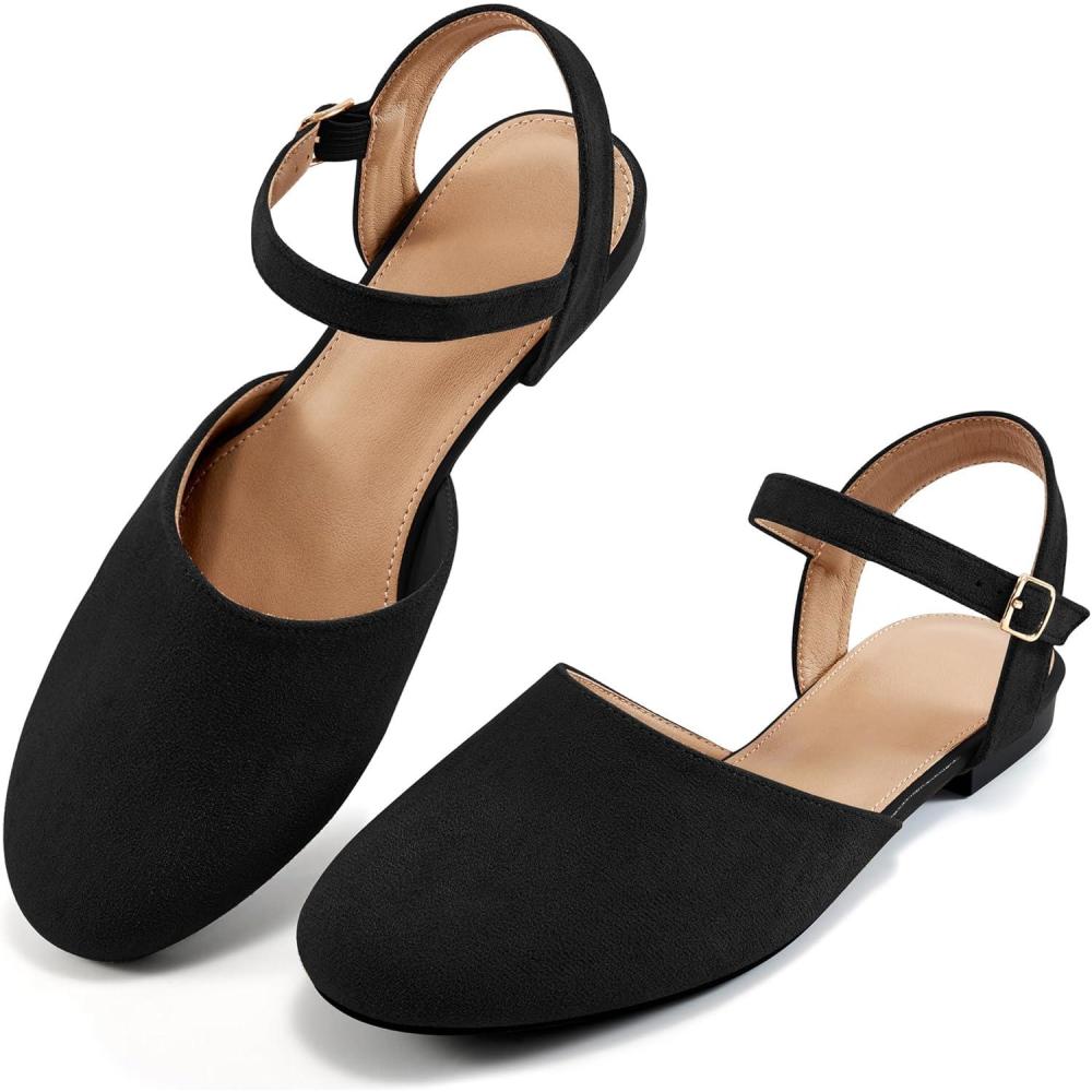 imageEcetana Womens Flats Sandals Dressy Summer Comfortable Casual Fashion Round Toe Slingback Shoes with Buckle Ankle StrapBlack