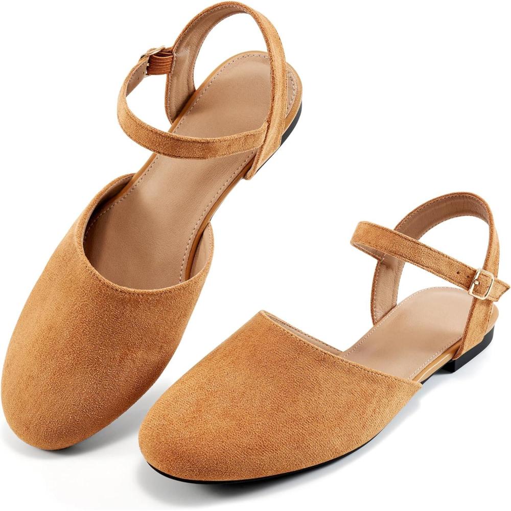 imageEcetana Womens Flats Sandals Dressy Summer Comfortable Casual Fashion Round Toe Slingback Shoes with Buckle Ankle StrapBrown