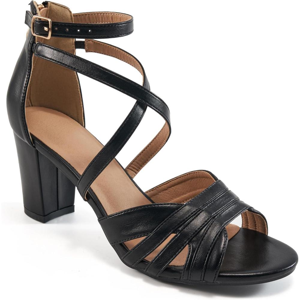 imageEcetana Womens Heels Sandals Dressy Chunky Strappy Block High Heels for Wedding Party Summer Comfortable Walking ShoesBlack