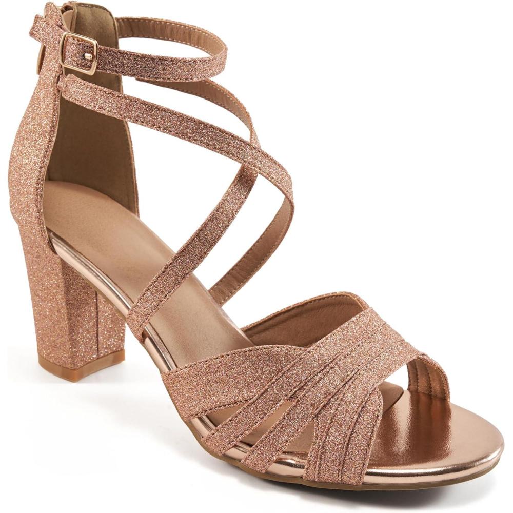 imageEcetana Womens Heels Sandals Dressy Chunky Strappy Block High Heels for Wedding Party Summer Comfortable Walking ShoesGold