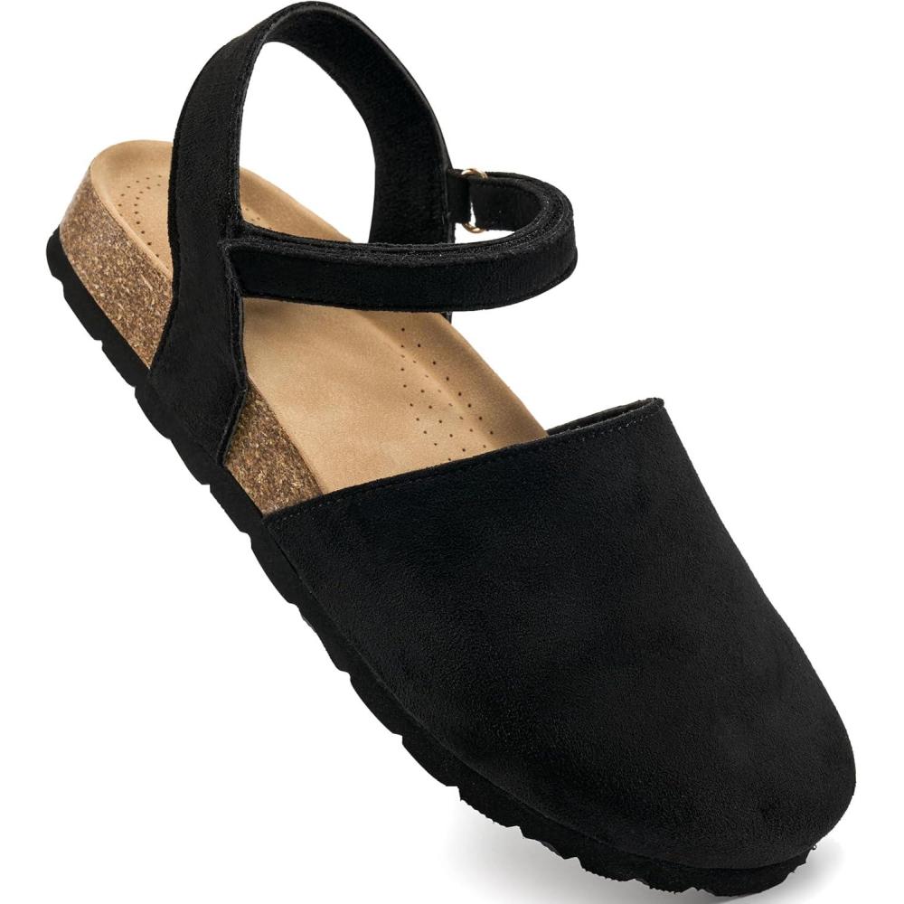 imageEcetana Womens Sandals Closed Toe Shoes Dressy Summer Cork Footbed Comfortable Arch Support Flats Sandals for WomenBlack