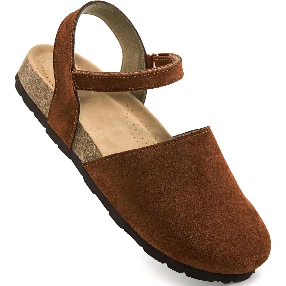 imageEcetana Womens Sandals Closed Toe Shoes Dressy Summer Cork Footbed Comfortable Arch Support Flats Sandals for WomenBrown